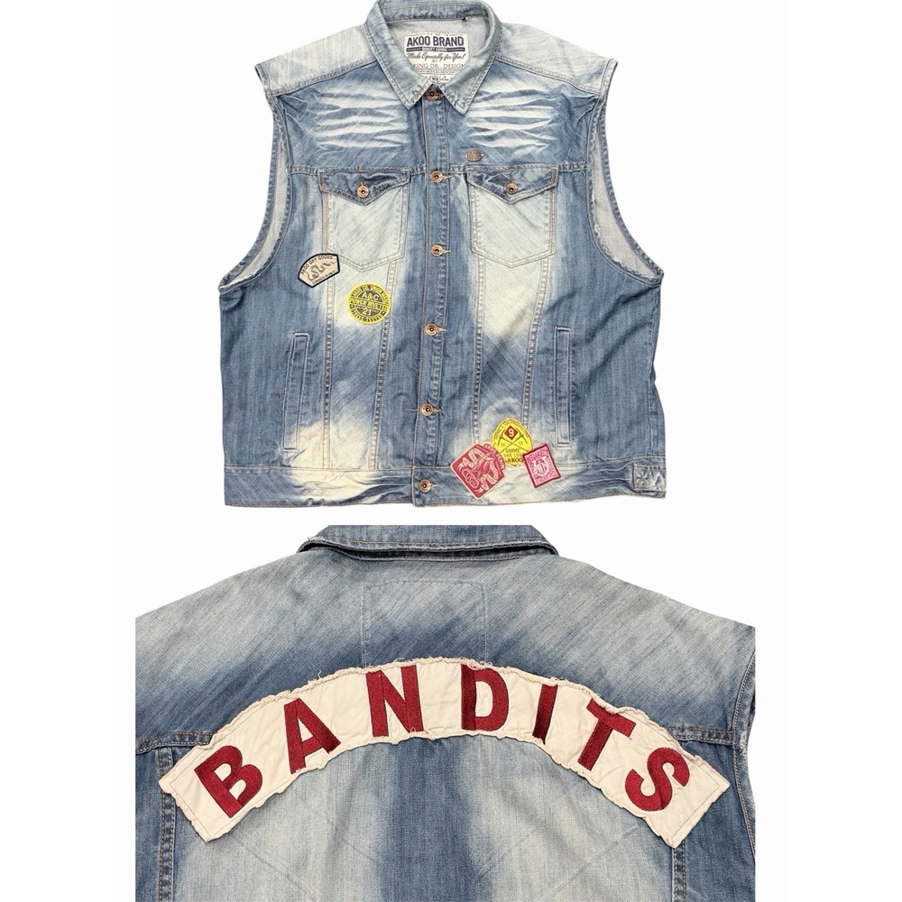 AKOO Brand Mens 4XL Distressed Denim Vest Viking Dr Design Bandits Edition Blue